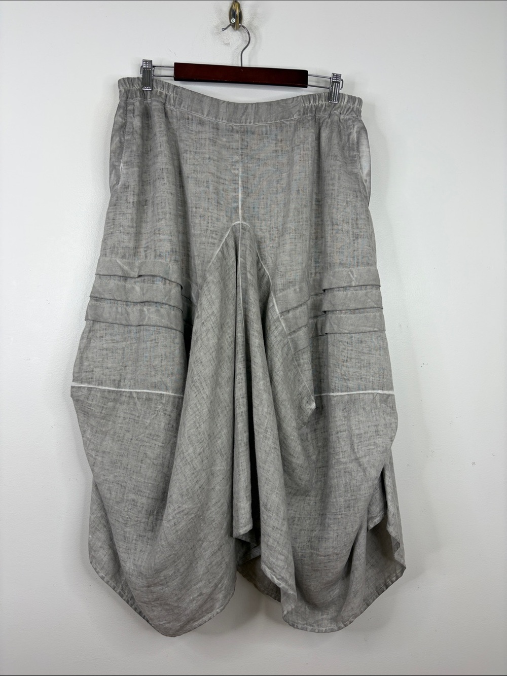 Grizas Skirt Womens XL Gray Linen Pleated Midi Maxi Pockets Loose Flowing Resort